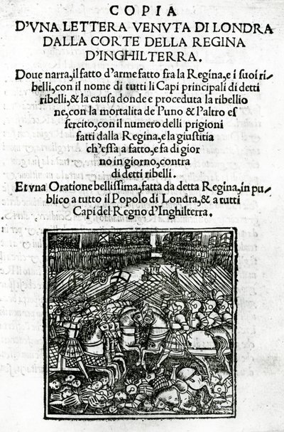 Página de rosto para uma cópia de uma carta enviada da corte da rainha da Inglaterra (xilogravura e impressão tipográfica) de Italian School