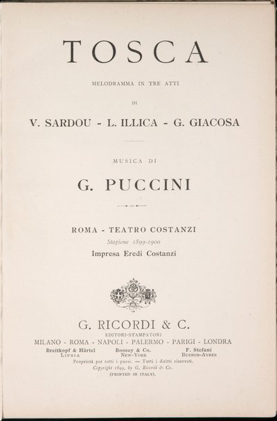 Página de rosto, Libretto della Tosca, de Giacomo Puccini, Edizione Ricordi, Itália de Italian School