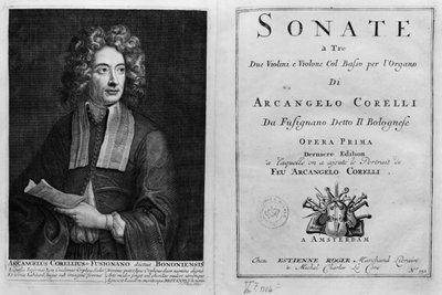 Titlepage of Sonate a Tre com um retrato de Arcangelo Corelli (1653-1713) de Italian School