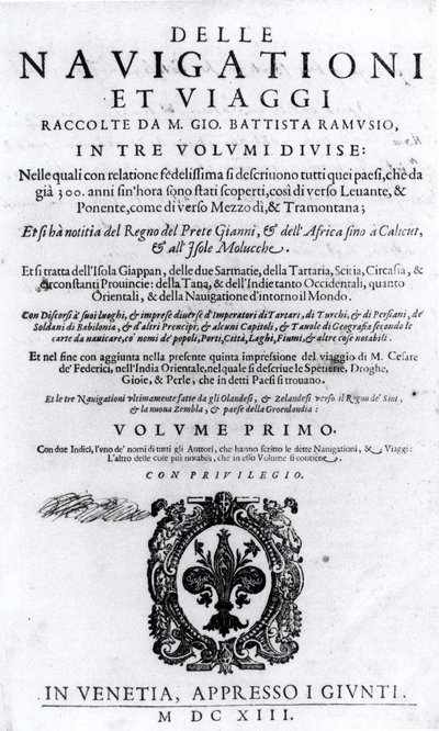 Título do volume I do Delle Navigationi et Viaggi de Giovanni Ramusio (1485-1557) publicado em 1613 de Italian School