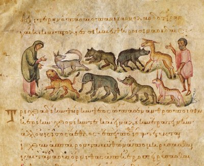 Tratado sobre as muitas espécies de animais que habitam a terra, ilustração do Cynegetica por Oppian (tempera em velino) de Italian School