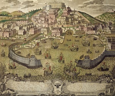 Cidade de Trieste e seu porto livre, gravura colorida, Itália de Italian School