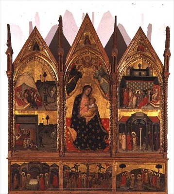 Tríptico: Madonna e Criança Enthroned ladeadas por cenas da vida de São Bartolomeu com um painel predella de cenas da vida de Cristo, Escola das Marchas de Italian School