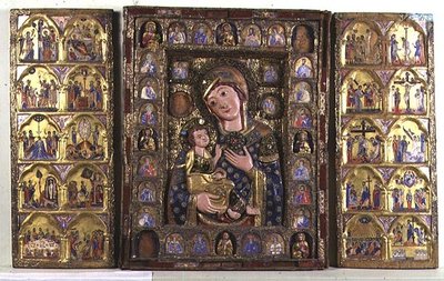 Tríptico da Madonna e da Criança com Evangelistas, Profetas e cenas da Vida de Cristo (madeira, filigrana de prata e esmalte) de Italian School