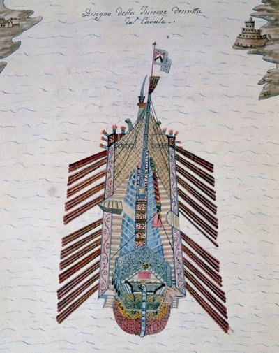 Trireme (navio com três bancos de remos), do tratado das milícias marítimas, do Canal Cristoforo (1510-1562), Itália de Italian School