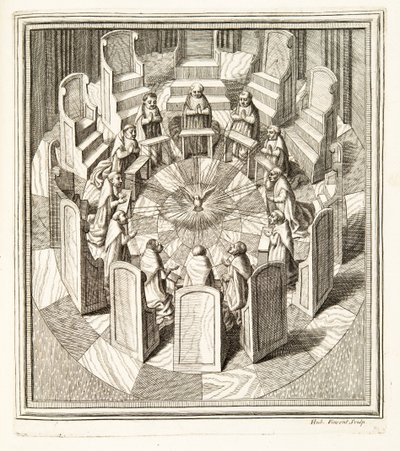 Doze Juízes da Rota orando em uma sala circular ao redor do Espírito Santo, pub. 1717 (gravura) de Italian School