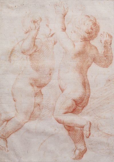 Dois dançando putti, c.1700 (giz vermelho) de Italian School