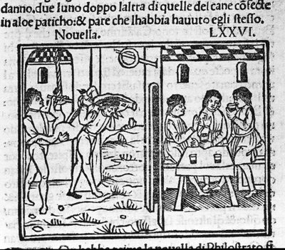 Dois homens carregando um porco no ombro. Ilustração para a notícia 76 (Novo 6 do oitavo dia) do "Decameron" de Giovanni Boccaccio dit Jean Boccaccio (1313-1375), escritor italiano. Gravura em "Decamerone ouer Cento nouelle" Veneza, Bartolomeo de de Italian School