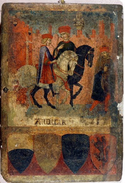 Dois inspectores fiscais. Biccherna (cobertura do registro contábil da cidade de Siena). Arquivo Nacional - Museo delle Tavolette de Bicherna, Siena. Final do século XIV - início do século XV. de Italian School