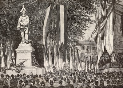 Revelação do monumento ao General Giacomo Medici, Milão, Itália, gravura de desenho de Edoardo Ximenes da fotografia Rossi, de L