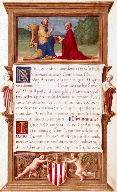 Veneza: Comissão de Doge Antonio Grimani (1434-1523), Procurador de San Marco (Saint Mark) Página do manuscrito do século XVI. Veneza, Museo Correr de Italian School