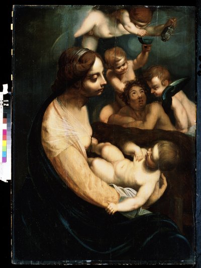 ""Madonna e criança e anjos"" (Virgem e criança com anjos) pintura italiana desde o início do século XVII. Museu de Arte Mikhail Kroshitsky, Sevastopol (Sevastopol) Ucrânia de Italian School