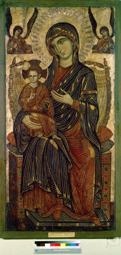 "Virgem e Criança entronizados" O ombro de Jesus Cristo é marcado com uma cruz. Pintura anónima de um artista de Pisa. Tempera sobre madeira. Cerca de 1280 Museu Pushkin, Moscovo de Italian School