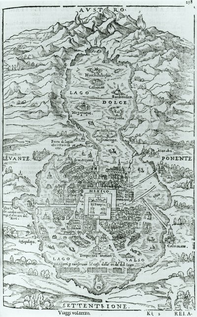 Vista do norte da cidade asteca de Tenochtitlan, de Relatione della Città del Temistitan por Giovanni Battista Ramusio (1485-1557) publicado em Veneza 1606 de Italian School