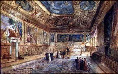 Vista do Interior do Palácio dos Doges em Veneza, c.1840 (aguarela em velino) de Italian School