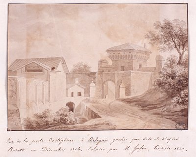 Vista da porta da Castiglione em Bolonha, gravada por S.A.I. após Busatti, Dezembro de 1814 (gravação a cores) de Italian School