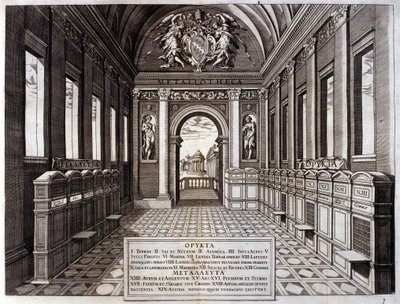 Vista do museu de Michele Mercati (1541-1595), comissário de bordo do Jardim Botânico do Vaticano. Gravura de "Metallotheca..." Roma 1717 - 1719 de Italian School