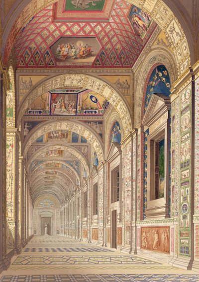 Vista do segundo andar Loggia no Vaticano, com decoração de Rafael, de Delle Loggie di Rafaele nel Vaticano, publicado como folha solta na edição de 1814 (gravura colorida à mão) de Italian School