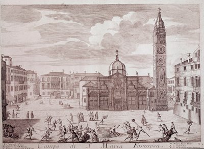 Vista da praça da igreja de Santa Maria Formosa a Veneza Gravura do "Teatro di Venezia" Veneza do século XVIII, Museo Correr de Italian School