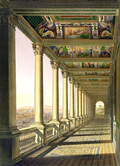 Vista do terceiro andar Loggia no Vaticano, com decoração de Rafael, de Delle Loggie de Rafaele nel Vaticano, publicado como folha solta na edição de 1814 (gravura colorida à mão) de Italian School