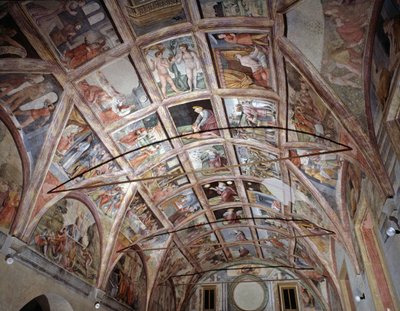 Vista da sala abobadada decorada com frescos do antigo e do novo testamento de Italian School