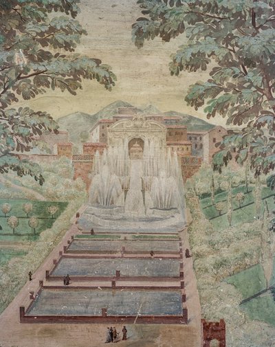 Vista do órgão de água e a fonte de Netuno de Italian School