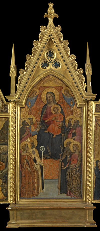 Virgem e o Menino entronizados com Oito Santos (painel central), c.1330-70 (têmpera no painel) de Italian School