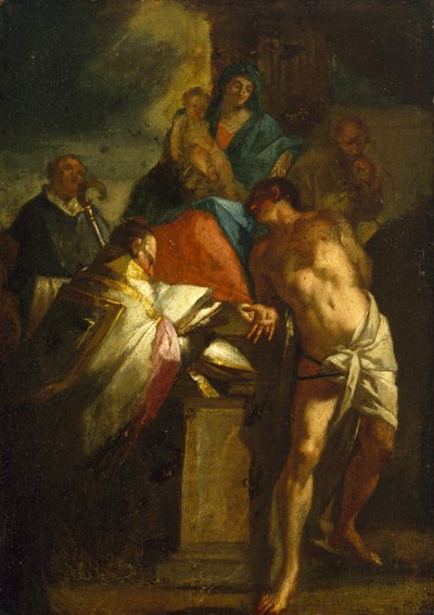 Virgem e Menino com São Sebastião e um Bispo Santo, século XVII de Italian School