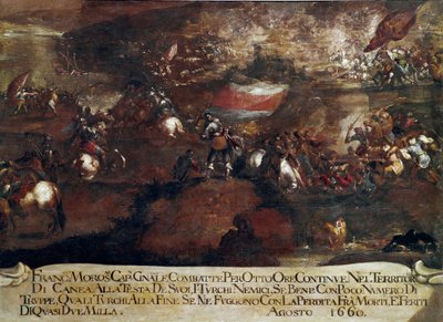 Guerra da Candia (Creta):: "Batalha de Chania liderada por Francesco Morosini (1619-1694) em agosto de 1660" (Guerra Creta (1645-69): o assalto de Canea liderado por Francesco Morosini em agosto de 1660) Pintura da escola veneziana de Italian School