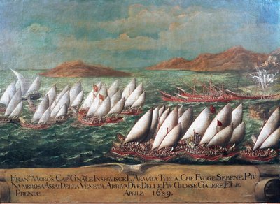 Guerra de Candia (Creta): a frota veneziana durante a campanha liderada por Doge Francesco Morosini contra os turcos em 1659 Pintura da escola veneziana. Século XVII - Veneza, Museu Correr de Italian School