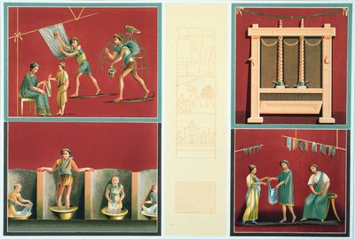 Lavar e secar roupa, copiar de um afresco de Pompeia de Italian School