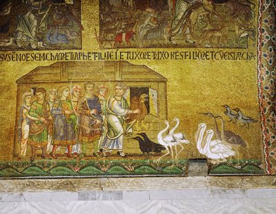 Enquanto a sua família espera para entrar a bordo, Noé ajuda os animais a entrar na Arca ... (mosaico) de Italian School