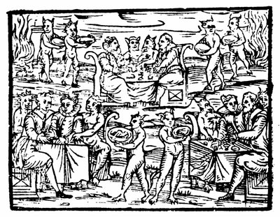 Bruxas e feiticeiros festejando no sábado, ilustração do Compendium Maleficarum por Francesco Maria Guazzo, 1608 de Italian School