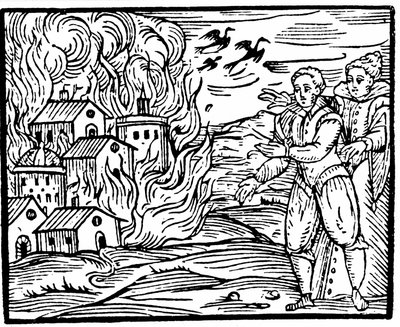 Bruxas destruindo uma casa pelo fogo, Suábia em 1533, ilustração do Compendium Maleficarum por Francesco Maria Guazzo, 1608 de Italian School