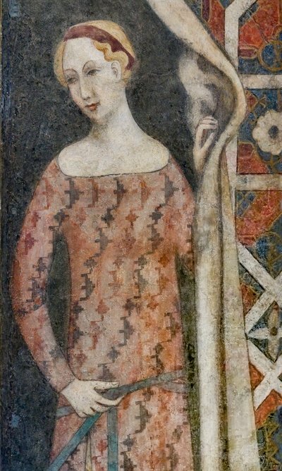 Mulher desenhando uma cortina com um padrão geométrico, início do século XV (fresco) de Italian School