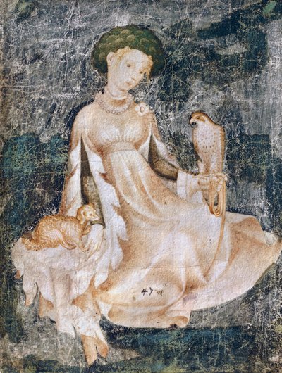 Mulher sentada no chão com cachorro e falcão, desenho em aquarela, França de Italian School