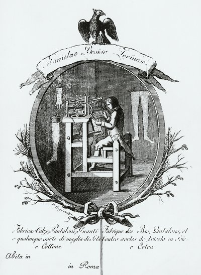 Trabalhador em tear, Imagem publicitária Stanislaus Bosisio Torinese, Fabricante de meias, calças, luvas e qualquer tipo de malhas de seda e algodão, Gravura, Itália de Italian School