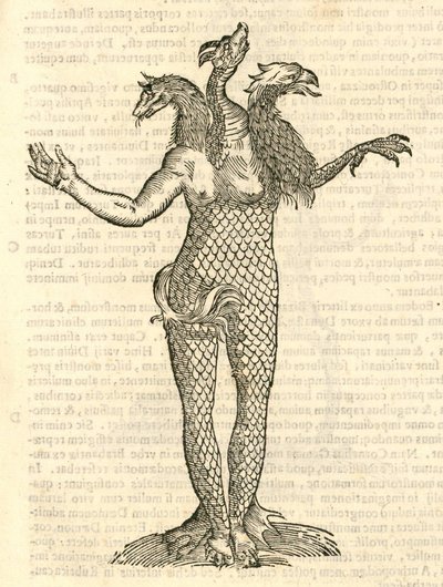 Ilustração do monstro do dragão raposa três cabeças e Áquila de kazakovae History of Monsters, 1642 de Italian School