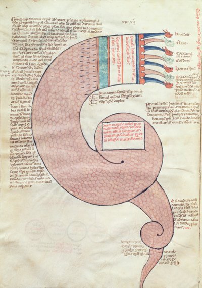 ms.ASPi, CM 15, c.3v Página de texto com um dragão apocalíptico, de Liber Figurarum e le Proemisssiones Gioachimitiche por Joachim de Flora (c.1132-1202) de Italian School