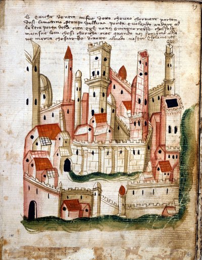 Vista da cidade de Jerusalém, de Libro dOltramare por Niccolo da Poggibonsi (caneta e tinta e têmpera sobre velino) de Italian School Italian School