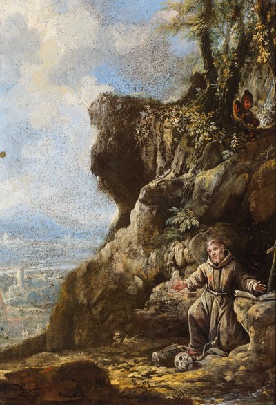 São Francisco em êxtase junto a um afloramento rochoso, uma paisagem mais além (óleo sobre cobre) de Italo-Flemish School