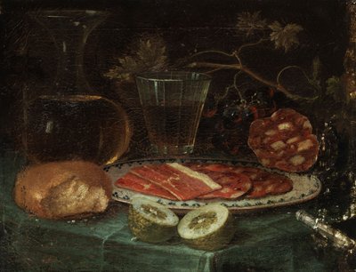 Natureza morta com pedaço de pão, garrafa de vidro, copo de vinho, prato com presunto e salsicha de presunto, limão e faca com cabo de madrepérola de Italo flämischer Maler des 17. Jahrhunderts