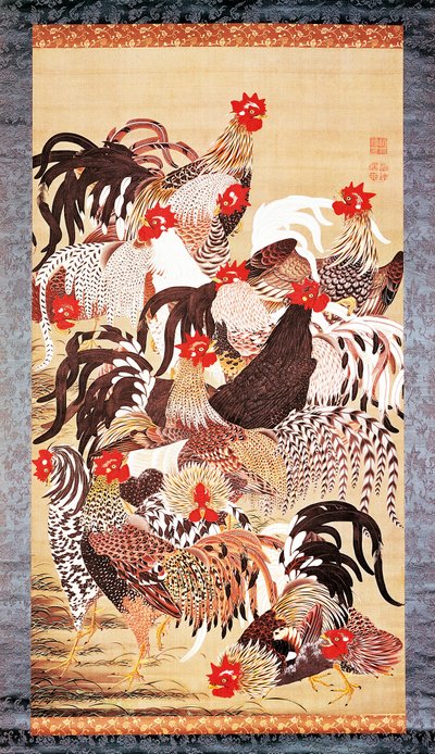 Treze galos, de Doshoku Sai-e (Reino colorido dos seres vivos) Período Edo. c.1757-66 (cor sobre seda) de Ito Jakuchu