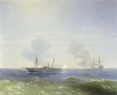 Russo: "Combate do vapor Vesta com o couraçado turco Fehti-Bulend no Mar Negro em 11 de julho de 1877" Combate do vapor Vesta com o couraçado turco Fehti-Bulend no Mar Negro em 11 de julho de 1877 de Ivan Aivazovsky