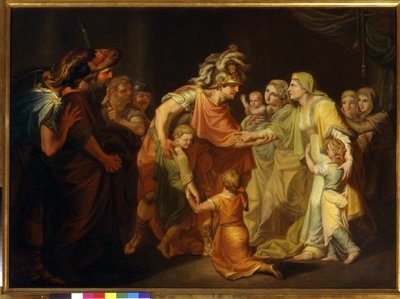 O príncipe russo Svyatoslav I (c. 945-972) encontra sua família em Kyiv após a Campanha no Danúbio de 967. Pintura de Ivan Akimovich Akimov (1754-1814) de Ivan Akimovich Akimov