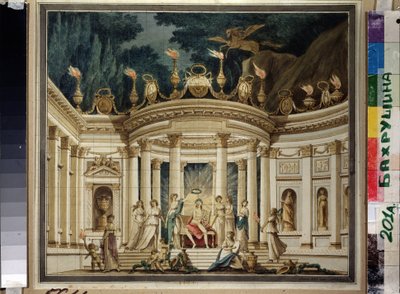 Le Triomphe des Muses. Projeto de passeio para o prólogo musical de Alexander Alyabyev (1787-1851) e Alexis Verstsovsky (1799-1863). (Triunfo das Musas. Desenho de cortina para o prólogo musical de A.Alyabyev e A.Verstovsky). Decoração antiga com Apollon, de Ivan Alekseevich Ivanov