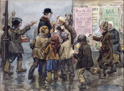 Um estrangeiro atacado por vendedores de cigarros em Petrogrado por Vladimirov, Ivan Alexeyevich (1869-1947). Aguarela, Guache sobre Papel de Ivan Alexeyevich Vladimirov
