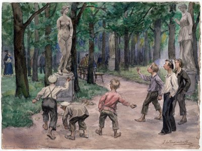 Competição desportiva no Jardim Imperial, São Petersburgo (des enfants jettent des cailloux sur une statue de femme nue) - Competição desportiva nos Jardins Imperiais: Petrogrado, Julho de 1921 (da série de aguarelas da revolução russa) - Vladim de Ivan Alexeyevich Vladimirov