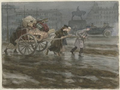 Família movendo seus pertences no carrinho da série de aquarelas Revolução Russa, 1917-1918 de Ivan Alexeyevich Vladimirov