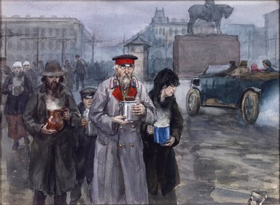 Anos de fome em Petrogrado. Regresso de uma sopa comunitária de Vladimirov, Ivan Alexeyevich (1869-1947). Aguarela, Gouache sobre papel de Ivan Alexeyevich Vladimirov